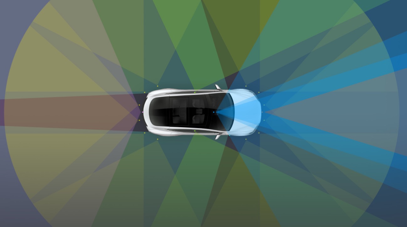 Model X 前後左右共配置了8個環景鏡頭，搭配超聲波傳感器，讓車輛有如被泡泡包覆在安全範圍中